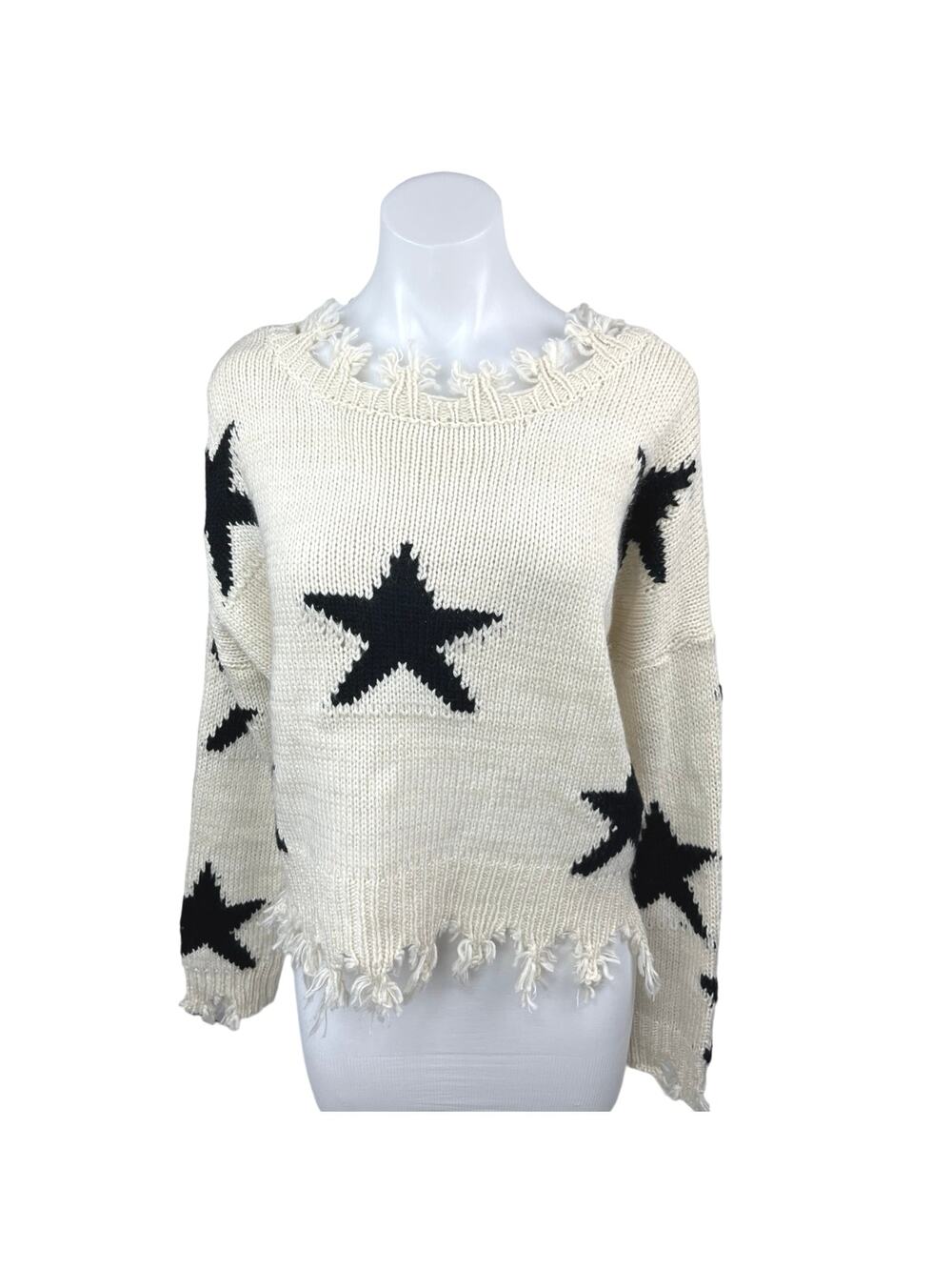 Katwalk Cream White Star Print Distressed Knit Oversize Pullover Sweater Top S/M